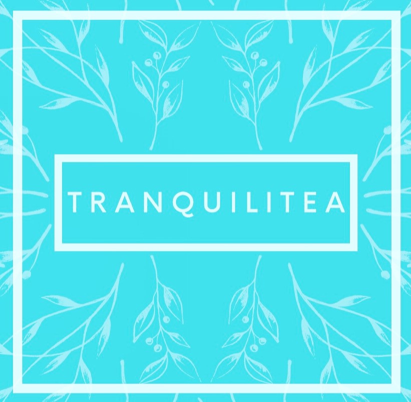 A blue background with white leaves and the word tranquilittea.