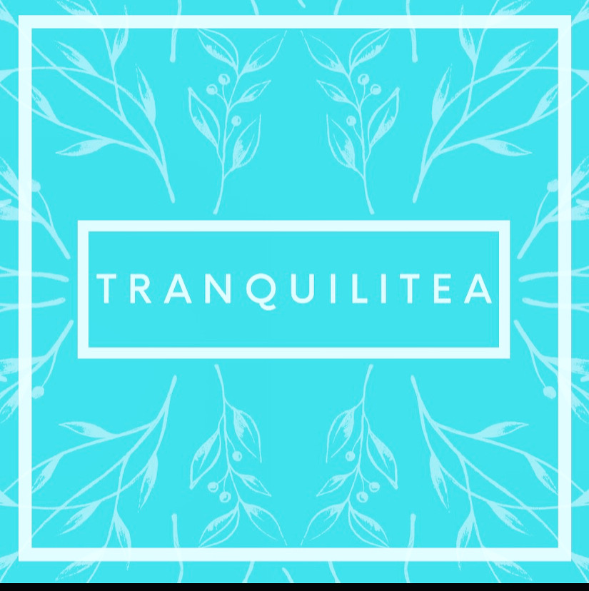 A blue background with white leaves and the words " tranquilittea ".